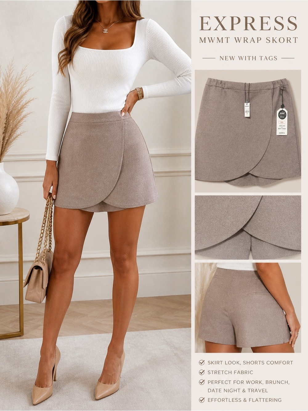 Express Taupe Wrap Skort - Neutral Taupe Women's Shorts size m